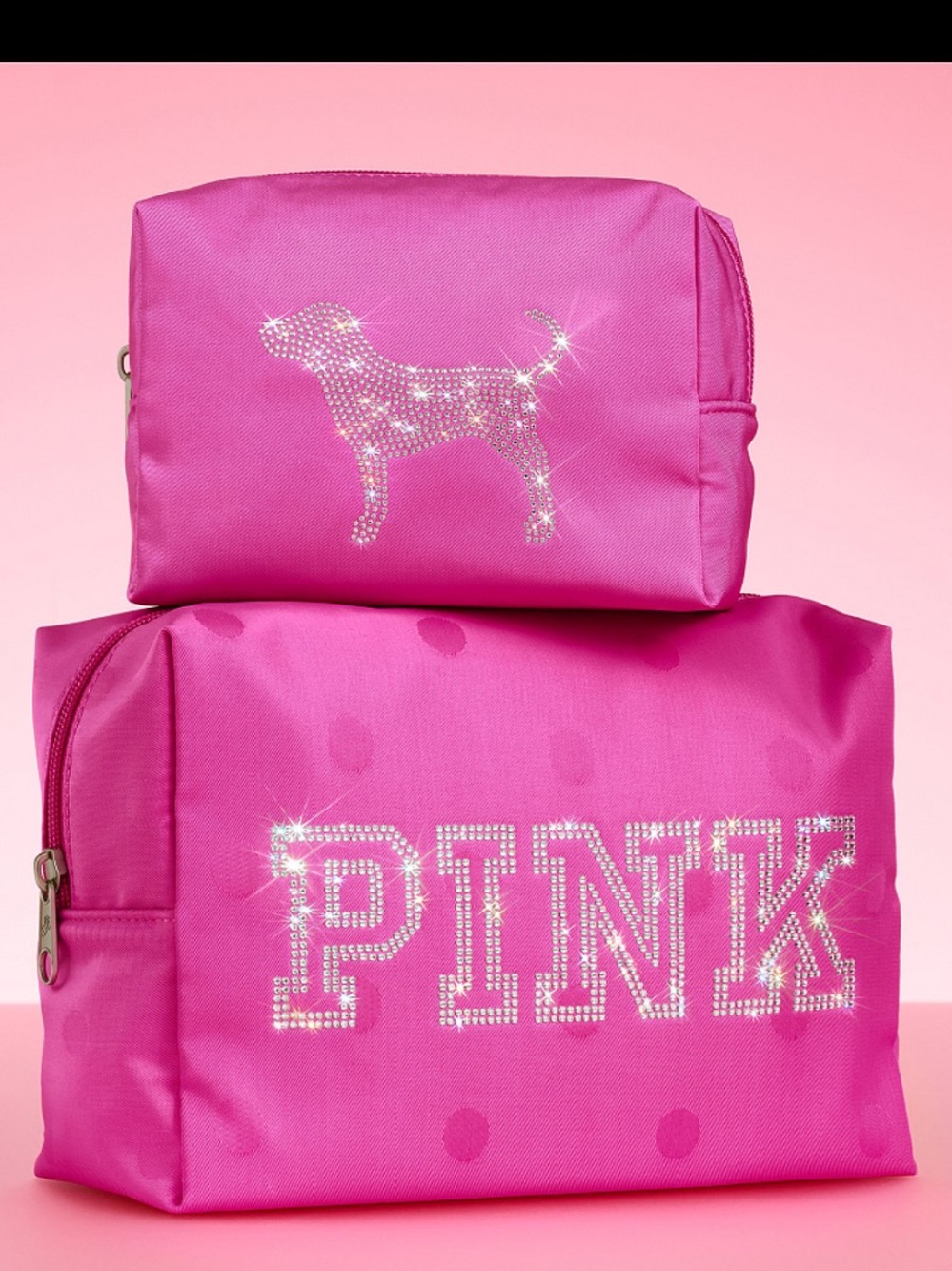 PINK Victoria's Secret Hot Pink Rhinestone Logo Cosmetic Bag Set brand new